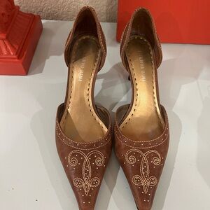 Gianni Bini Brown Pointed D'Orsay Heels with Cream Embroidery